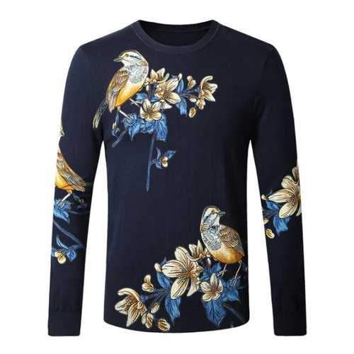 Bird Floral Print Pullover Sweater - Cadetblue 4xl