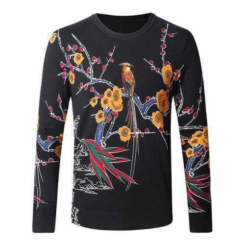 Wintersweet Bird Print Pullover Sweater - Black Xl