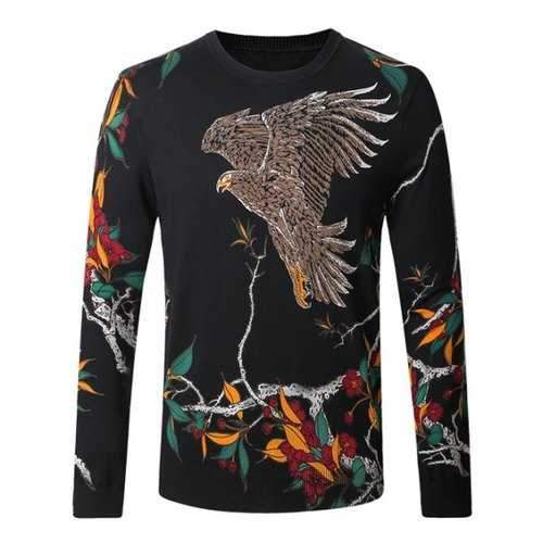 Eagle Floral Print Pullover Sweater - Black 4xl