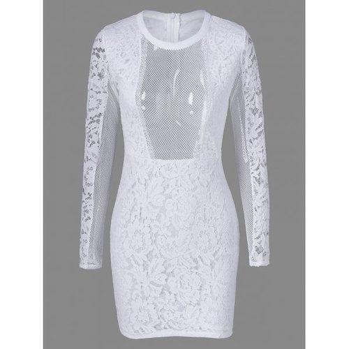 Tight Mesh See Through Sheer Lace Fitted Dress - White M