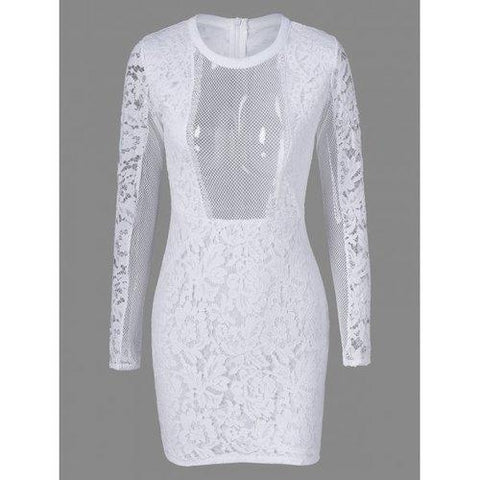 Tight Mesh See Through Sheer Lace Fitted Dress - White M