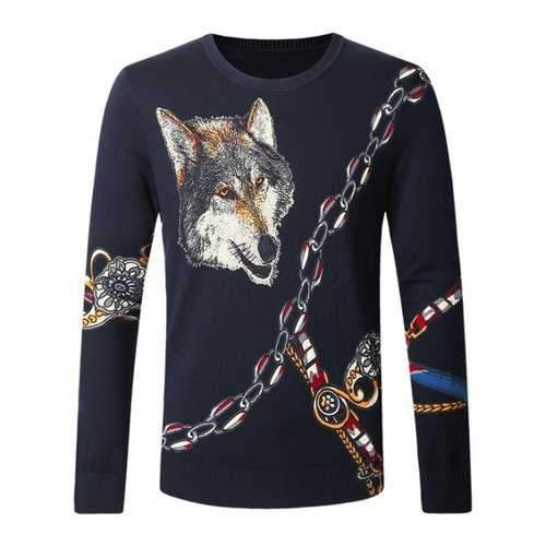 Wolf Chain Print Pullover Sweater - Cadetblue 4xl