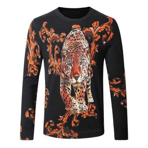 Leopard Ancient Flower Print Pullover Sweater - Black L