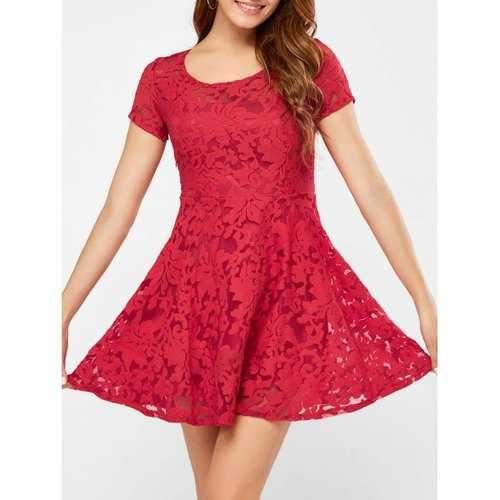 Mini Mesh Sheer Lace Club Short Prom Dress - Red L