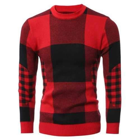 Slim-Fit Crew Neck Plaid Sweater - Red L