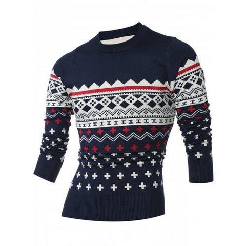 Crew Neck Geometric Pattern Long Sleeve Sweater - Cadetblue L