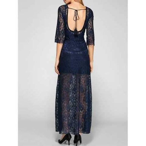 Backless Maxi Prom Long Lace Evening Dress - Navy Blue M