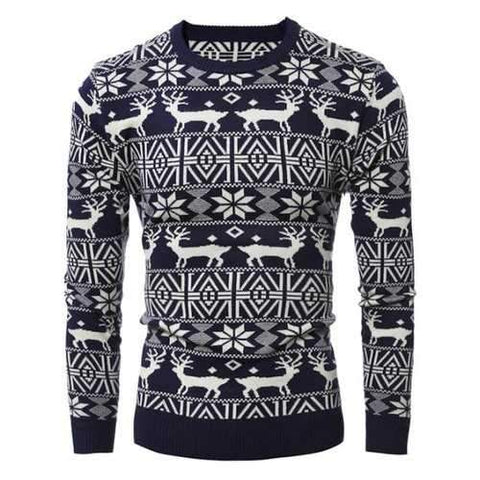 Deer Pattern Crew Neck Snowflake Christmas Sweater - Cadetblue M