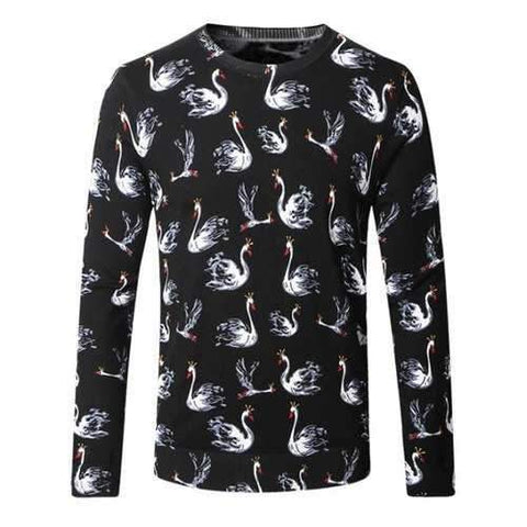 Crew Neck Swan Pattern Color Block Long Sleeve Sweater - Black L