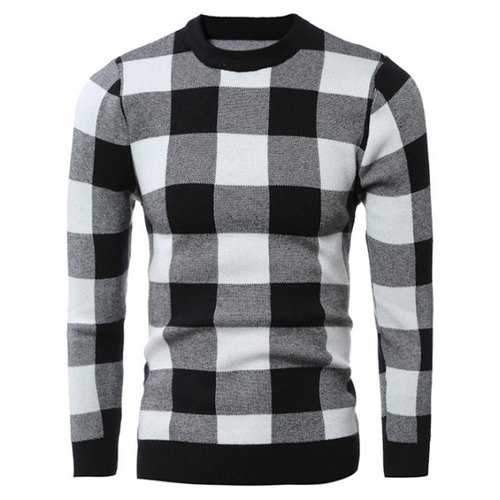 Slim-Fit Crew Neck Checkered Pullover Sweater - Black Xl