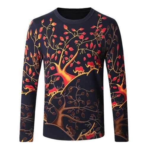 Crew Neck Tree Pattern Color Block Long Sleeve Sweater - Purplish Blue 4xl