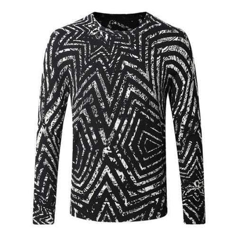 Crew Neck Striped Pattern Color Splicing Long Sleeve Sweater - White And Black M