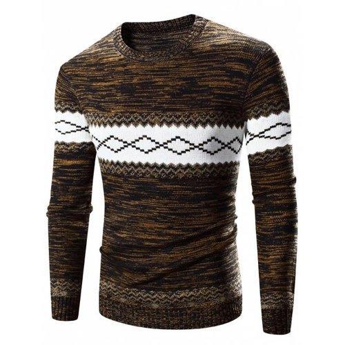 Crew Neck Rhombus Splicing Pattern Long Sleeve Sweater - Coffee Xl