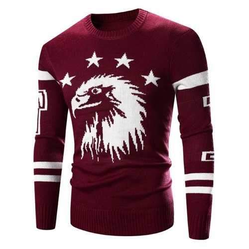 Crew Neck Eagle Pattern Varsity Stripe Long Sleeve Sweater - Wine Red Xl