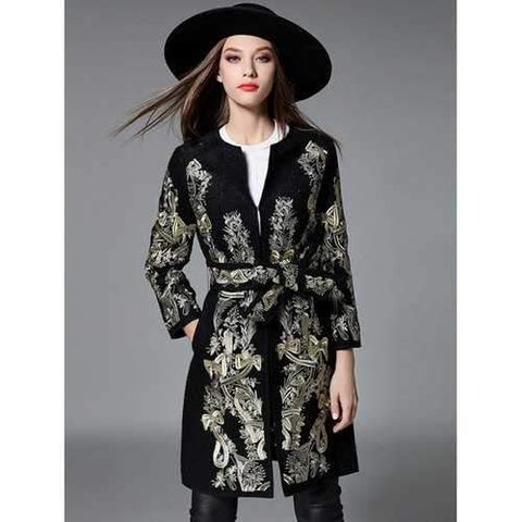 Slim Gold Thread Embroidered Long Belted Wool Coat - Black L