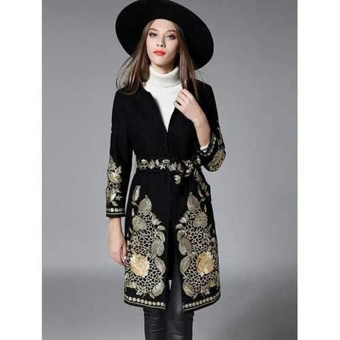 Slim Gold Thread Embroidered Long Wool Coat - Black L