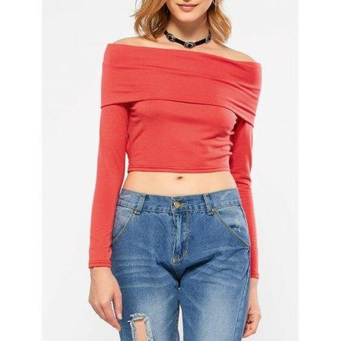 Off Shoulder Long Sleeve Crop Top - Red Xl