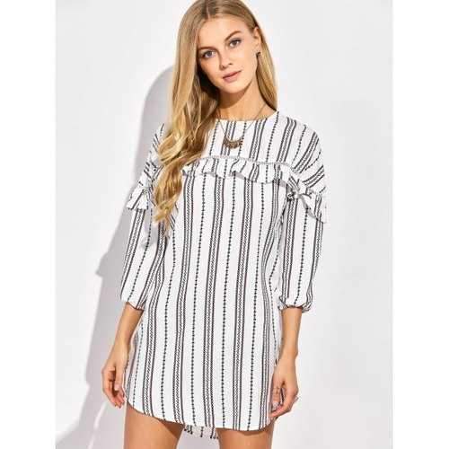 Casual Round Neck Ruffles Striped Shift Dress with Sleeves - White 2xl