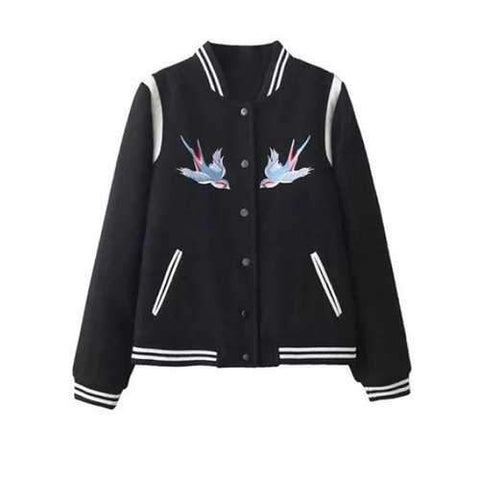 Embroidered Snap Closure Baseball Jacket - Black S