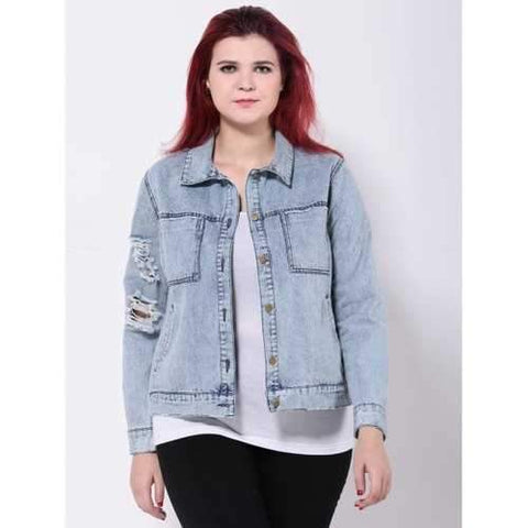 Broken Hole Double Pockets Jean Jacket - Light Blue 5xl