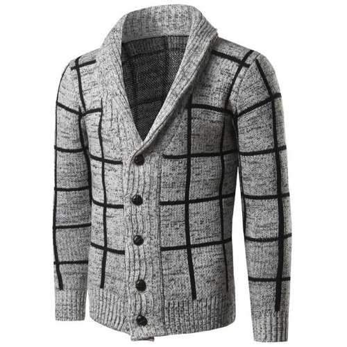 Shawl Collar Grid Pattern Button Up Cardigan - Gray Xl