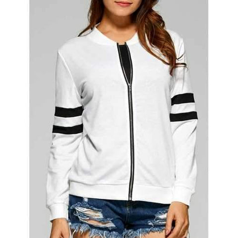 Striped Zipper Design Bomber Jacket - White L