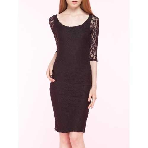 3/4 Sleeve Lace Bodycon Midi Dress - Black Xs