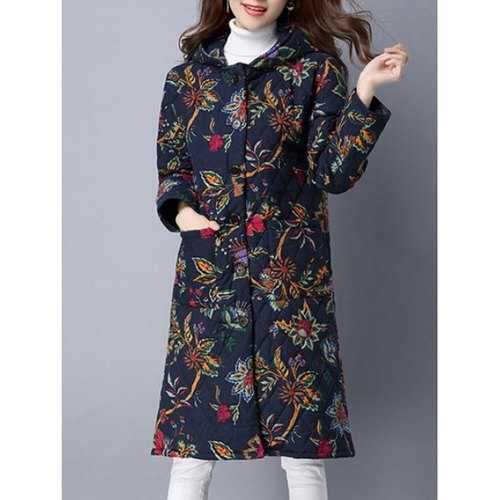 Pockets Ethnic Print Hooded Coat - Cadetblue M