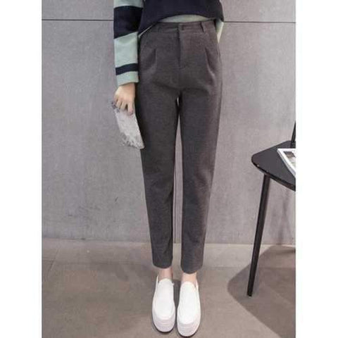 High Waisted Fitted Woolen Pants - Gray Xl