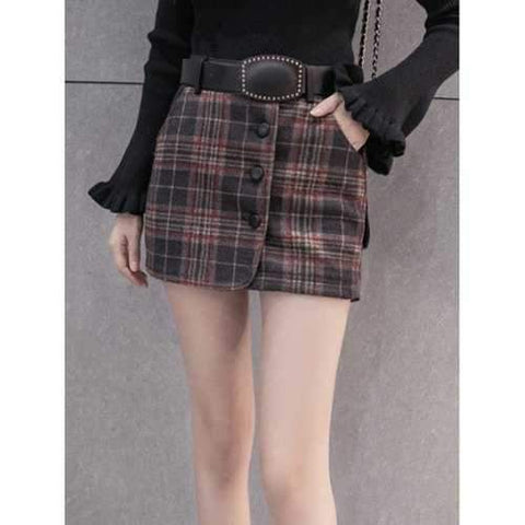 Plaid Woolen Skirt With Belt - Brown Grey M