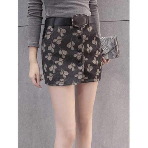 Printed Woolen Skirt With Belt - Brown Grey L