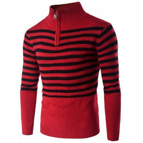 Half Zip Up Stand Collar Striped Sweater - Red Xl