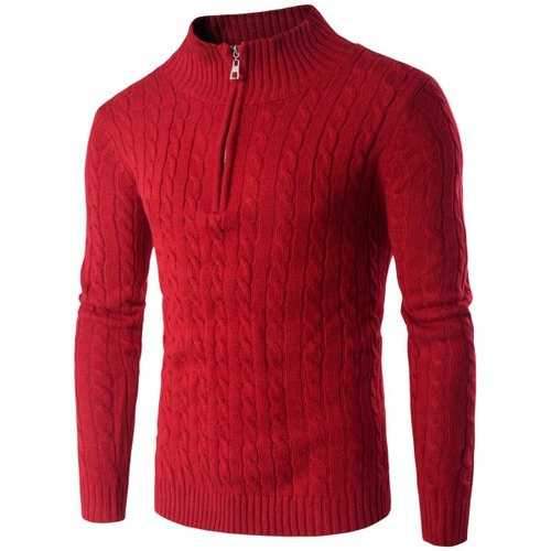 Stand Collar Half Zip Up Twist Sweater - Red M