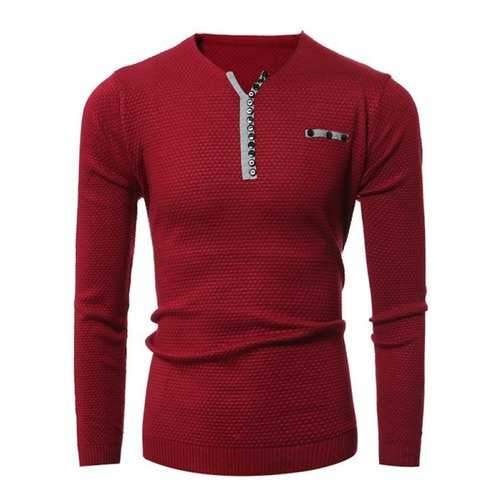 Notch Neck Button Embellished Texture Sweater - Red L