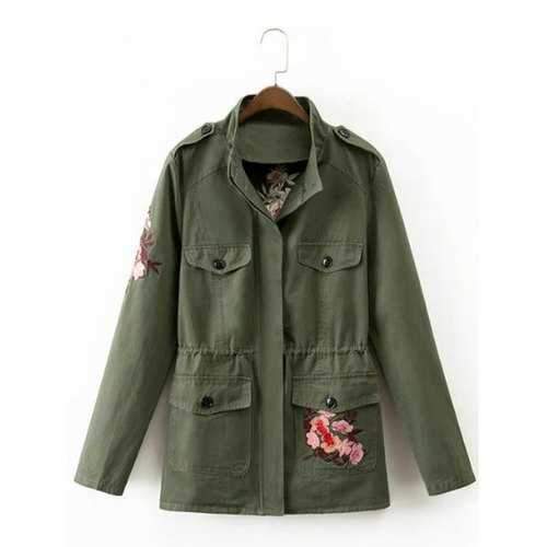 Drawstring Floral Embroidered Field Jacket - Army Green M