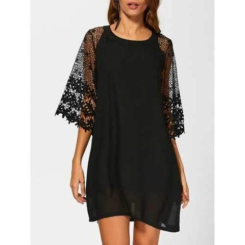 Crochet Lace Casual Loose Chiffon Dress - Black L