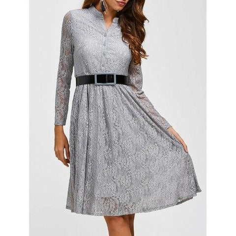 Lace Belted Long Sleeve Pleated Dress - Gray M