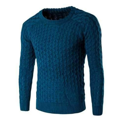 Textured Crew Neck Slim Fit Pullover Sweater - Lake Blue M