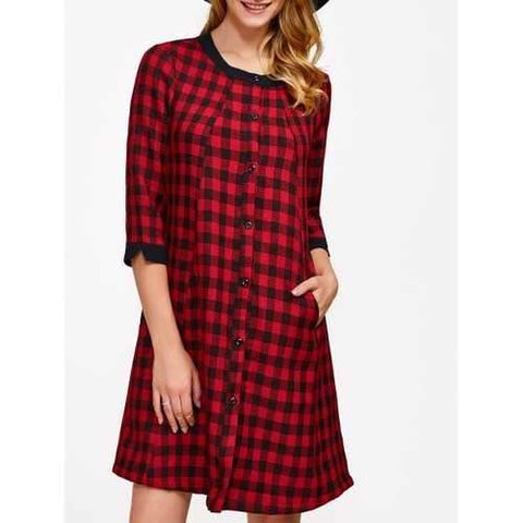 Checked Single-Breasted A-Line Dress - Red Xl