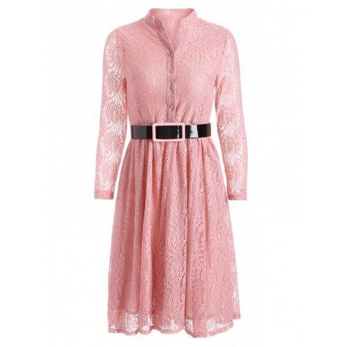 Belted Pleated Lace Shirt Dress - Pink 2xl