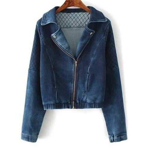 Lapel Collar Argyle Inclined Zipper Denim Jacket - Deep Blue S