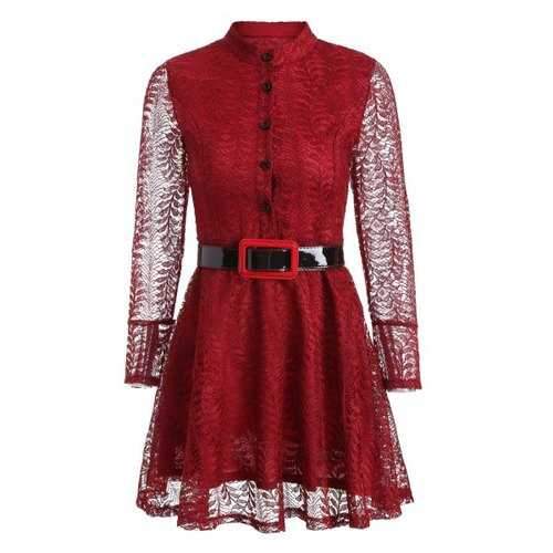 Long Sleeve Skater Lace Dress - Wine Red Xl