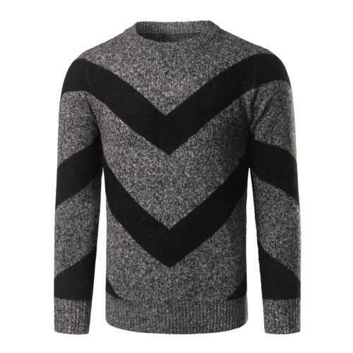 Crew Neck Striped Jacquard Pullover Heather Sweater - Deep Gray L