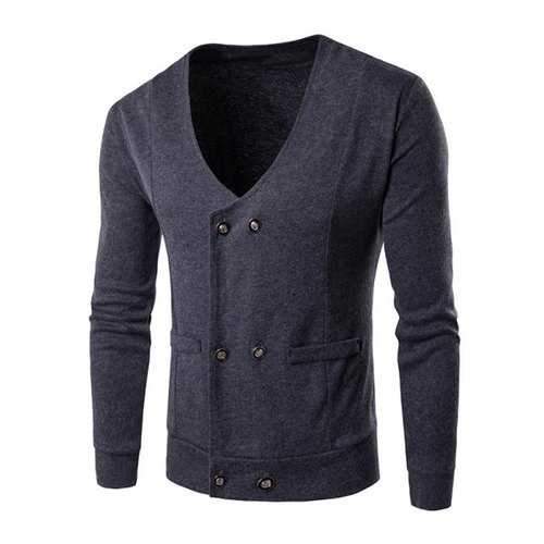 V Neck Double Breasted Knitting Cardigan - Gray Xl