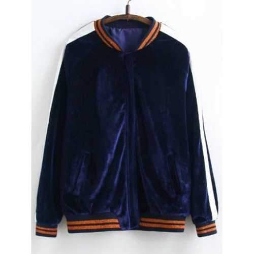 Floral Embroidered Velvet Baseball Jacket - Purplish Blue L