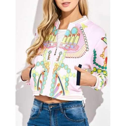 Lipstick 3D Print Cropped Bomber Jacket - Light Pink S