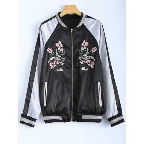 Color Block Flower Embroidery Fall Bomber Jacket - Black L