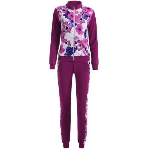 Long Sleeve Floral Printed Sweat Suit Set - Purplish Red L