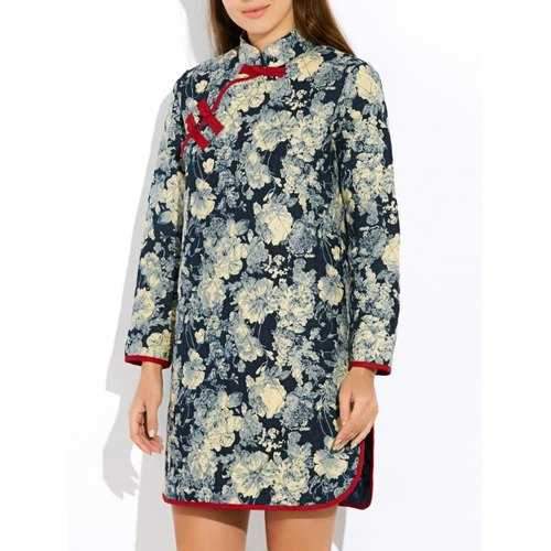 Floral Long Chinese Style Coat - Gray Xl