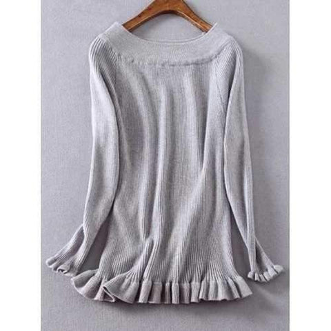 Frilled Ribbed Boat Neck Jumper - Gray Xl